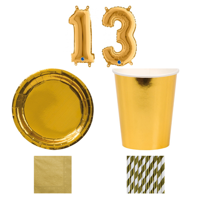 13-årskalas, Guld, kalaspaket, 8 gäster – sammansatt bild av paketets produkter