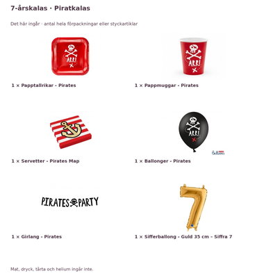 7-årskalas, Piratkalas, kalaspaket, 6 gäster – innehåll och antal förpackningar