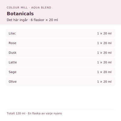Paketinnehåll: 1 × Lilac 20 ml, 1 × Rose 20 ml, 1 × Dusk 20 ml, 1 × Latte 20 ml, 1 × Sage 20 ml, 1 × Olive 20 ml
