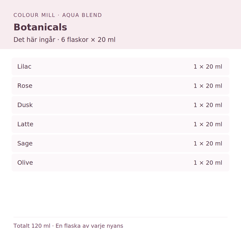 Paketinnehåll: 1 × Lilac 20 ml, 1 × Rose 20 ml, 1 × Dusk 20 ml, 1 × Latte 20 ml, 1 × Sage 20 ml, 1 × Olive 20 ml