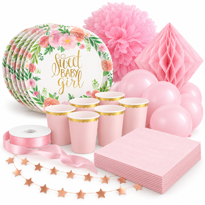 Dop flicka – floral och rosa – fika och dekorationer, 6 gäster – samlat paketinnehåll