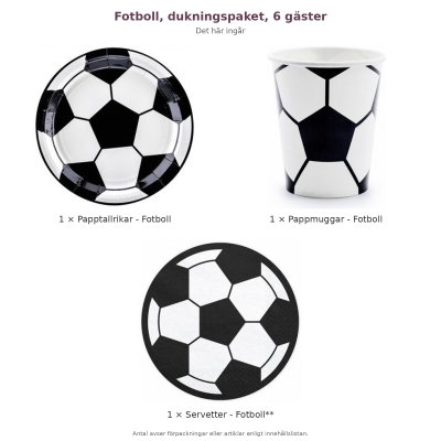 Fotboll, dukningspaket, 6 gäster – innehåll och antal förpackningar