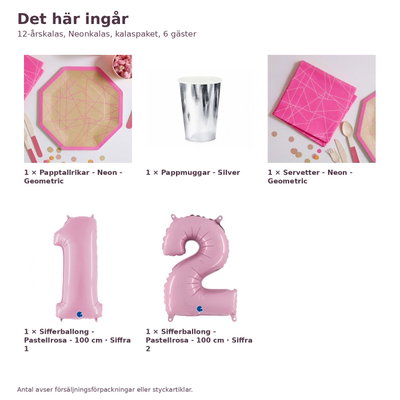 12-årskalas, Neonkalas, kalaspaket, 6 gäster – innehåll och antal, sifferballong 100 cm