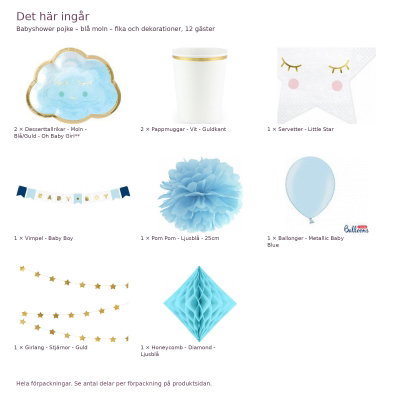 Babyshower pojke – blå moln – fika och dekorationer, 12 gäster – innehåll och antal förpackningar
