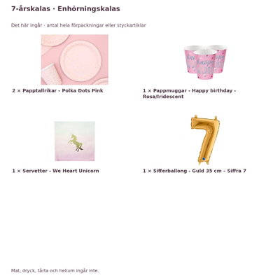 7-årskalas, Enhörningskalas, kalaspaket, 8 gäster – innehåll och antal förpackningar