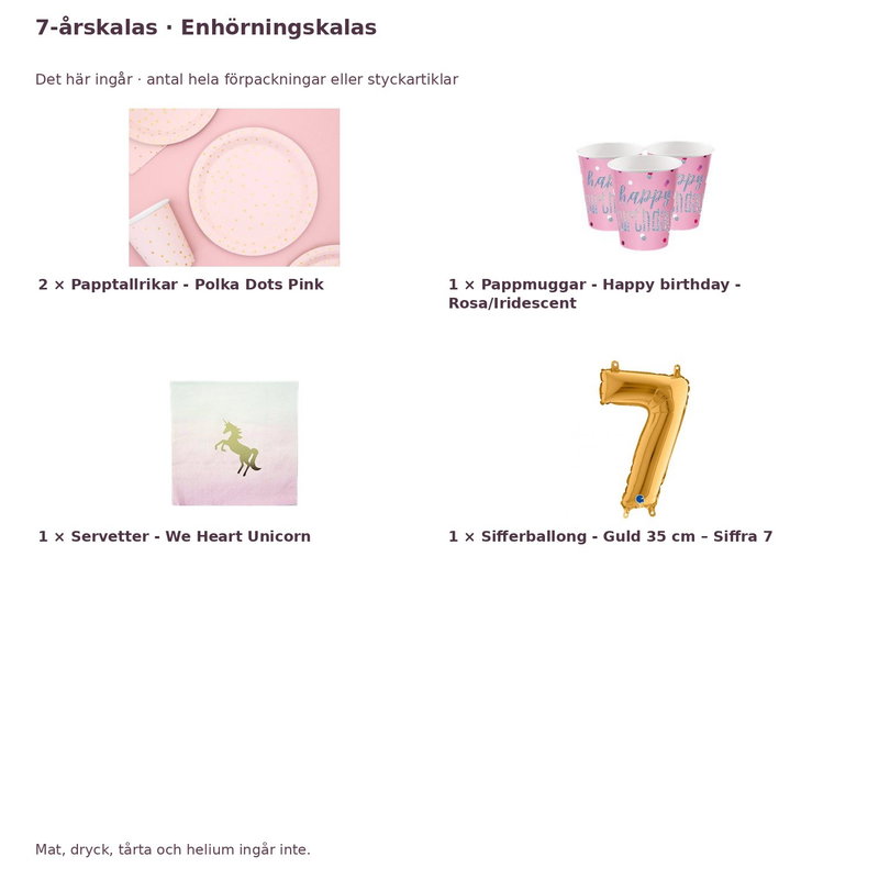 7-årskalas, Enhörningskalas, kalaspaket, 8 gäster – innehåll och antal förpackningar
