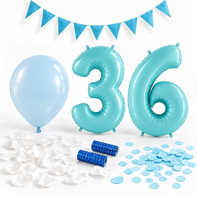 36-års festpaket, Blått, Stor – paketets dekorationer på vit bakgrund