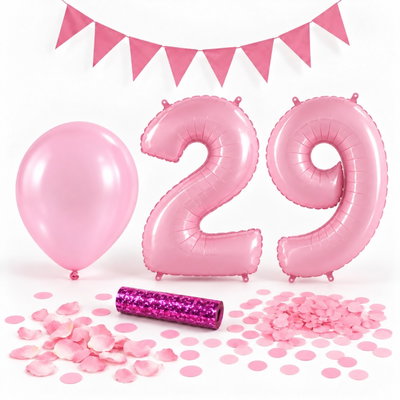 29-års festpaket, Rosa, Stor – paketets dekorationer på vit bakgrund