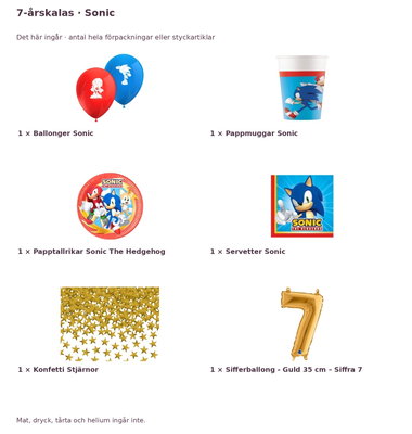 7-årskalas, Sonic, kalaspaket, 8 gäster – innehåll och antal förpackningar