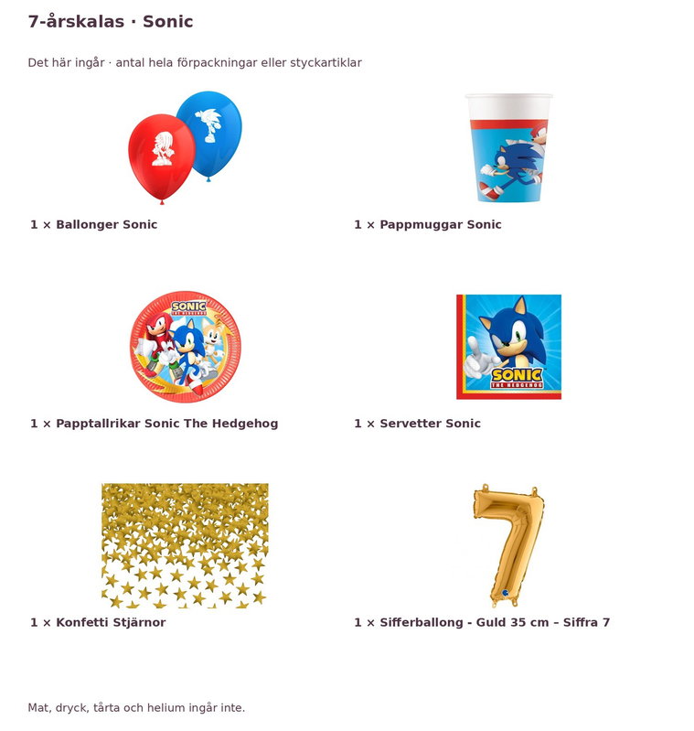 7-årskalas, Sonic, kalaspaket, 8 gäster – innehåll och antal förpackningar