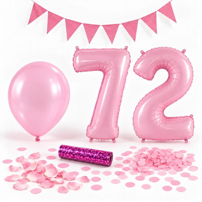 72-års festpaket, Rosa, Stor – paketets dekorationer på vit bakgrund