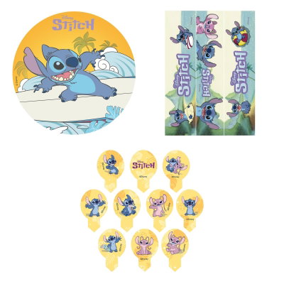 Stitch, tårtpaket med tårtbild, dekorband och minibilder – sammansatt produktbild