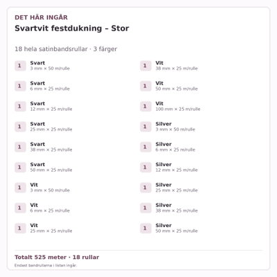 Det här ingår – Satinbandspaket – Svartvit festdukning – Stor – 18 rullar