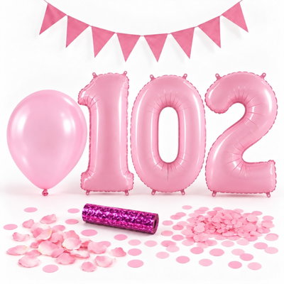 102-års festpaket, Rosa, Stor – paketets dekorationer på vit bakgrund
