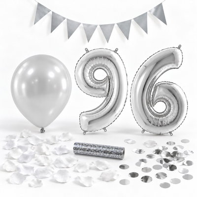 96-års festpaket, Silver, Stor – paketets dekorationer på vit bakgrund
