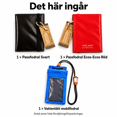 Två på resa – passen samlade och mobilen i halsrem – innehåll och antal försäljningsförpackningar