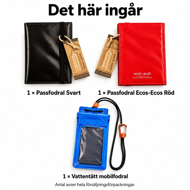 Två på resa – passen samlade och mobilen i halsrem – innehåll och antal försäljningsförpackningar