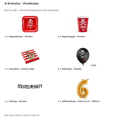 6-årskalas, Piratkalas, kalaspaket, 6 gäster – innehåll och antal förpackningar
