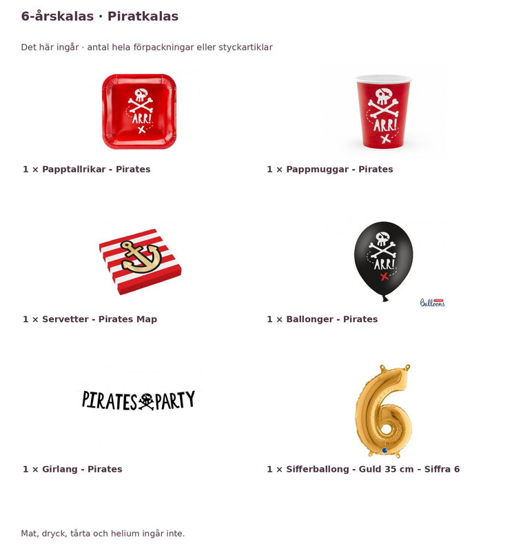 6-årskalas, Piratkalas, kalaspaket, 6 gäster – innehåll och antal förpackningar