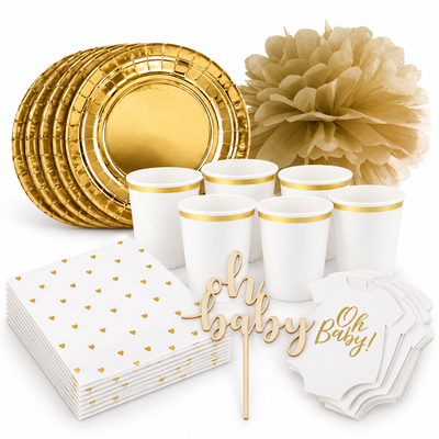 Babyshower – vitt och guld – dukning och minnen, 6 gäster – samlat paketinnehåll
