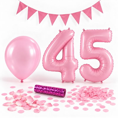 45-års festpaket, Rosa, Stor – paketets dekorationer på vit bakgrund