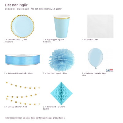 Dop pojke – blå och guld – fika och dekorationer, 12 gäster – innehåll och antal förpackningar