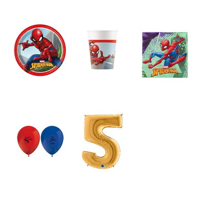 5-årskalas, Spiderman, kalaspaket, 8 gäster – paketets produkter med sifferballong 100 cm