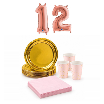 12-årskalas, Rosa och guld, kalaspaket, 6 gäster – sammansatt bild av paketets produkter