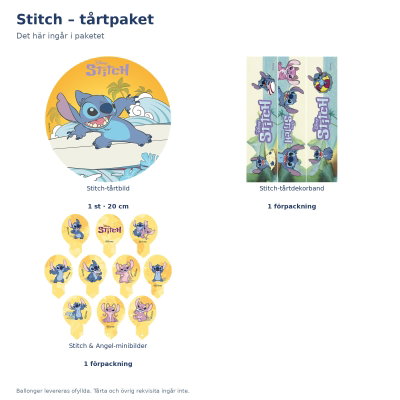 Stitch, tårtpaket med tårtbild, dekorband och minibilder – innehåll och antal