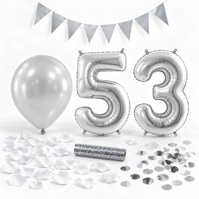 53-års festpaket, Silver, Stor – paketets dekorationer på vit bakgrund