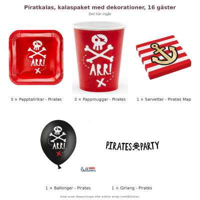 Piratkalas, kalaspaket med dekorationer, 16 gäster – innehåll och antal förpackningar