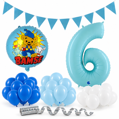 Bamse 6 år – dekorationspaket Blå – paketets produkter