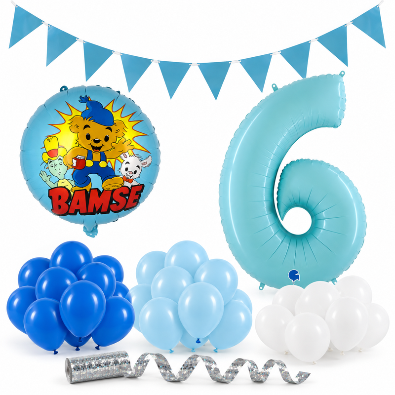 Bamse 6 år – dekorationspaket Blå – paketets produkter