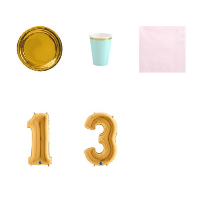 13-årskalas, Mint, rosa och guld, kalaspaket, 6 gäster – paketets produkter med sifferballong 100 cm