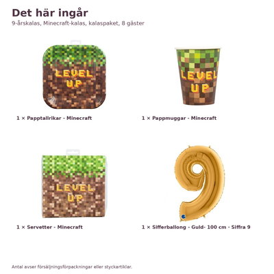 9-årskalas, Minecraft-kalas, kalaspaket, 8 gäster – innehåll och antal, sifferballong 100 cm