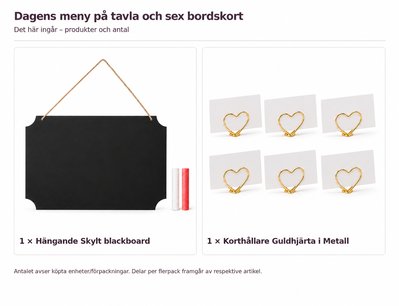 Innehåll och antal: Dagens meny på tavla och sex bordskort
