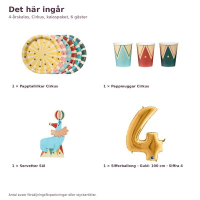 4-årskalas, Cirkus, kalaspaket, 6 gäster – innehåll och antal, sifferballong 100 cm