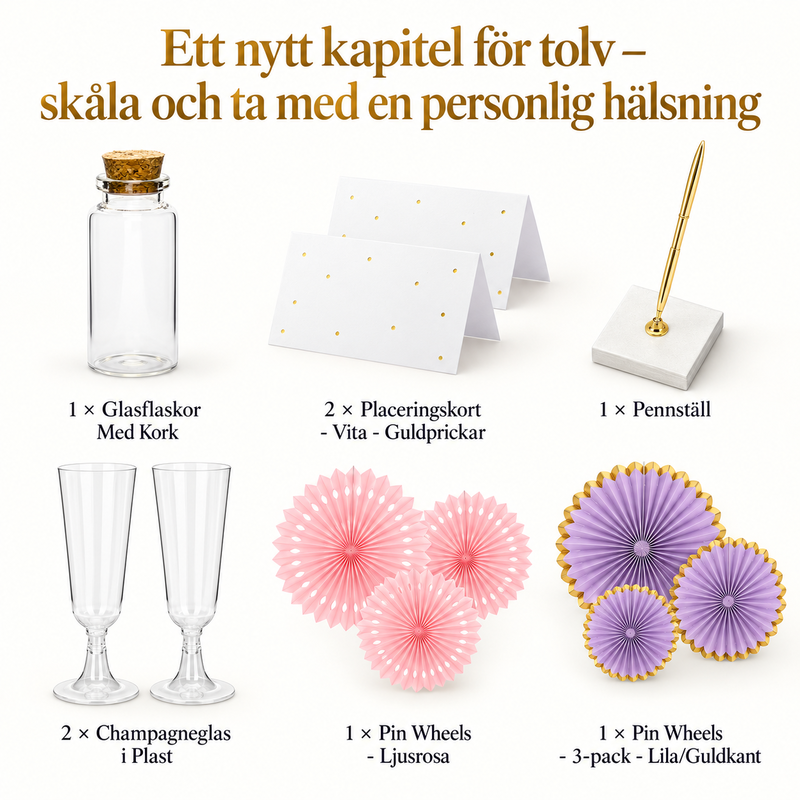 Ett nytt kapitel för tolv – skåla och ta med en personlig hälsning – innehåll och antal försäljningsförpackningar