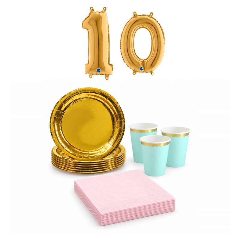 10-årskalas, Mint, rosa och guld, kalaspaket, 6 gäster – sammansatt bild av paketets produkter