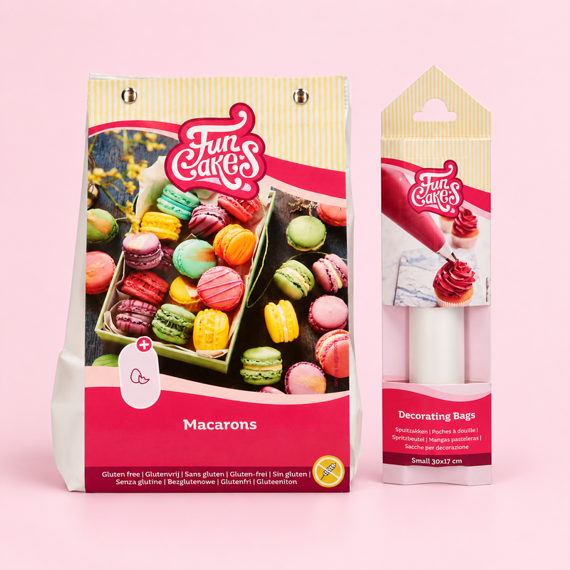 Macaronstart – mix och spritspåsar – samlingsbild av ingående produkter.