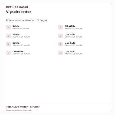 Det här ingår – Satinbandspaket – Vigselrosetter – 8 rullar