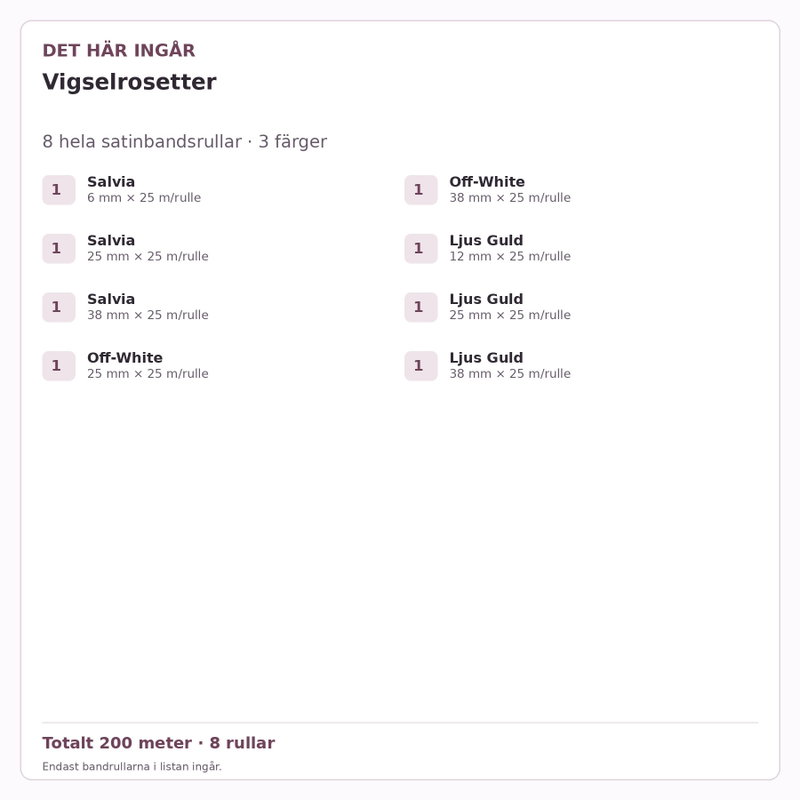 Det här ingår – Satinbandspaket – Vigselrosetter – 8 rullar