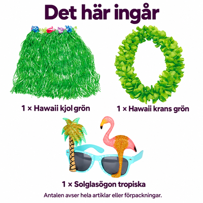 Hawaii på fem minuter – grön kjol, lei och tropiska glasögon – innehåll och antal