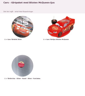 Cars – tårtpaket med Blixten McQueen-ljus – innehåll och antal