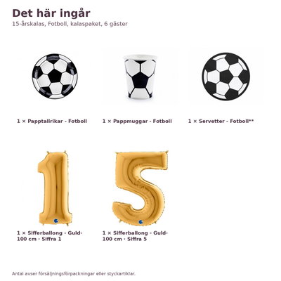 15-årskalas, Fotboll, kalaspaket, 6 gäster – innehåll och antal, sifferballong 100 cm