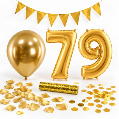 79-års festpaket, Guld, Stor – paketets dekorationer på vit bakgrund