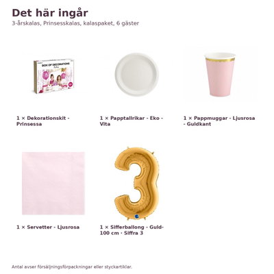 3-årskalas, Prinsesskalas, kalaspaket, 6 gäster – innehåll och antal, sifferballong 100 cm