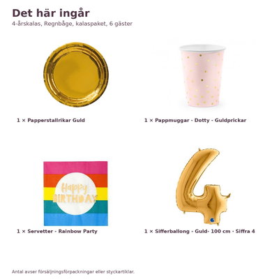 4-årskalas, Regnbåge, kalaspaket, 6 gäster – innehåll och antal, sifferballong 100 cm