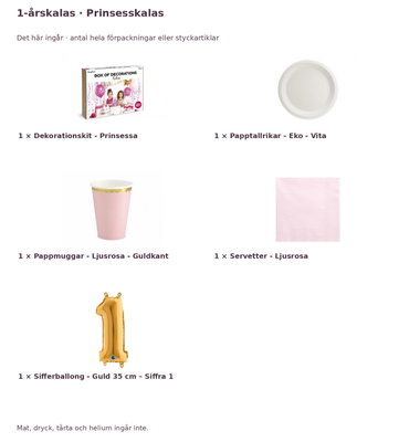 1-årskalas, Prinsesskalas, kalaspaket, 6 gäster – innehåll och antal förpackningar