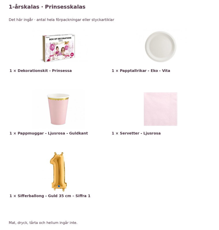 1-årskalas, Prinsesskalas, kalaspaket, 6 gäster – innehåll och antal förpackningar